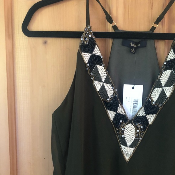 Aakaa Olive Green Beaded Neckline Cocktail Dress - Picture 2 of 6